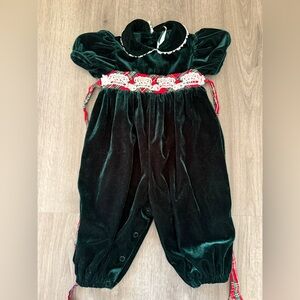 Rare Editions dark green velvet romper with crochet trim